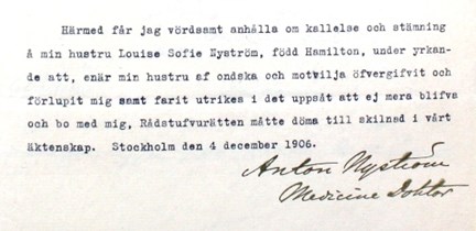 Anton och Louise Nyström skiljer sig - rättsfall 1906.