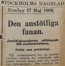 Den anstötliga fanan. Förhör med polisbefälet - pressklipp 1908