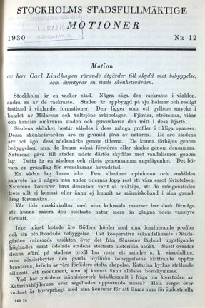 Text inleds: Motion av herr Carl Lindhagen rörande åtgärder till skydd mot bebyggelse, som äventyrar en stads skönhetsvärden.