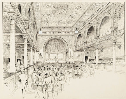 Sveasalen med tätt placerade bord och stolar, samt sittande publik bestående av män och kvinnor, i fonden finns en scen där det skymtar en kvinna som uppträder.