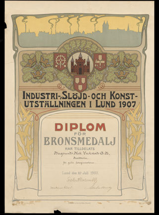 Diplom i jugendstil från Industri-, slöjd och konstutställningen i Lund 1907.