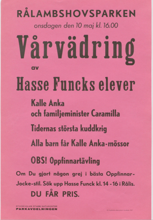 Affisch för ett evenemang i Rålambshovsparken den 10 maj 1967. Olika aktiviteter utannonseras, bl. a. tidernas största kuddkrig och oppfinnartävling.