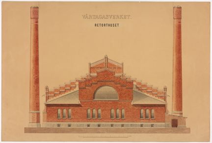Tecknad i tusch och färglagd i akvarell. Ritningsarket har gulnat med tiden. Under bilden finns en skalstock. Ovanför bilden står "Värtagasverket. Retorthuset"