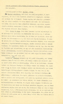 Första sidan av Tisdagsklubbens protokoll 9 april 1940