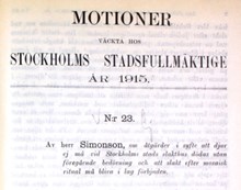 Motion om åtgärder i syfte att djur ej må vid Stockholms stads slakthus dödas utan föregående bedövning och att slakt efter mosaisk ritual må bliva i lag förbjuden – Stadsfullmäktige 1915