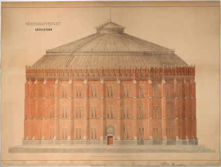 Ritning i tusch och akvarell på ett stort och lite tjockare pappersark. Arket har gulnat och  är smutsigt utmed kanterna. 