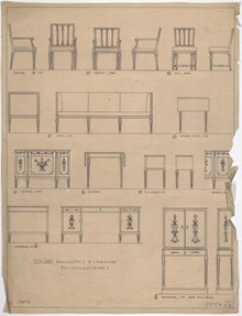 Carl Malmsten – ritning till möbler för borgarrådsrum i Stadshuset