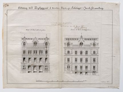 Tecknad i svart tusch på grå vaxad väv (transparent väv för ritningar). Väven är smutsig och har varit vikt. Ritningen visar både fasaden mot Malmskillnadsgatan (till vänster) och Norra Smedjegatan (till höger). 