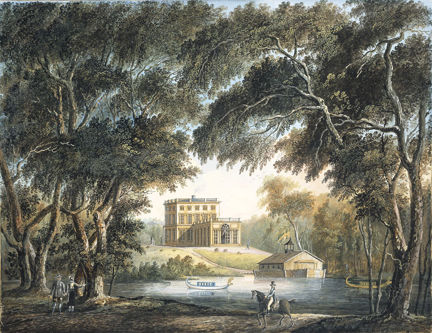 Gustav III:s paviljong, i förgrunden sluparna Delfinen och Galten, en person till häst och två människor som talar med varandra.