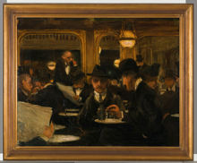 Interiör från Berns salonger. Hasse Z, Emil Hultberg och Clownen Tanti.