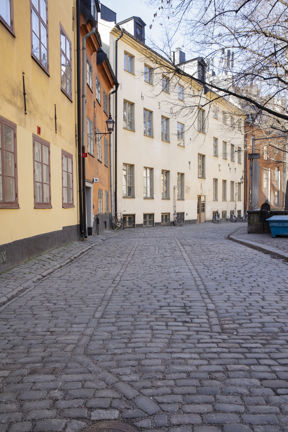 Foto taget på dagtid av en stenlagd gata med två rad avvikande kullerstenar