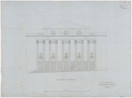 Fasaden är tecknad med tunna linjer i svart tusch på grå vaxad väv (transparent väv för ritningar)