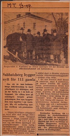 Tidningsnotis om nybyggnad av Sabbatsbergs vård- och ålderdomshem