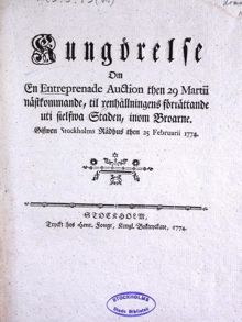 "Kungörelse om en Entreprenade Auction then 29 Martii nästkommande, till renhållningens förrättande uti sielfwa Staden, inom Broarne" 1774