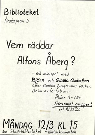 Hanskriven inbjudan till pjäs om Alfons Åberg från Årsta-Enskede kulturkommitté