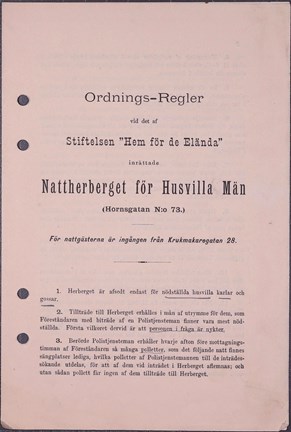 Tryckta ordningsregler för boende för fattiga och utslagna män