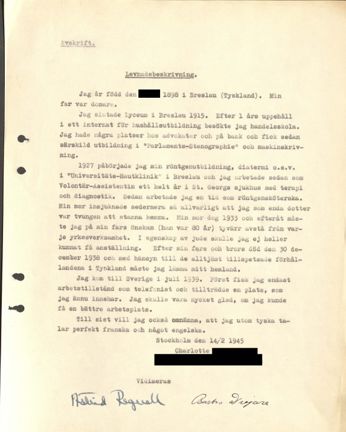 Tre gulnade handlingar som innehåller en judisk kvinnas ansökan om och bifall för praktikplats på röntgenavdelning år 1945.
