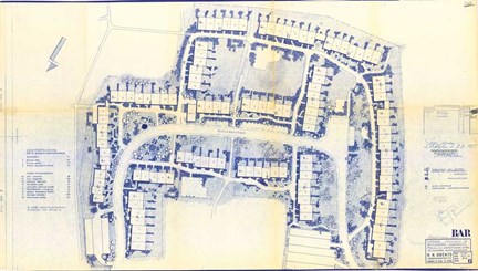 Ritning över hela området med radhus och gatusträckning och framför allt planteringar