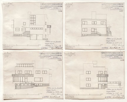 Bilden innehåller de fyra separata fasadritningarna från 1939, som är lagda bredvid varandra. Ritningarna är utförda i tusch på transparent väv.